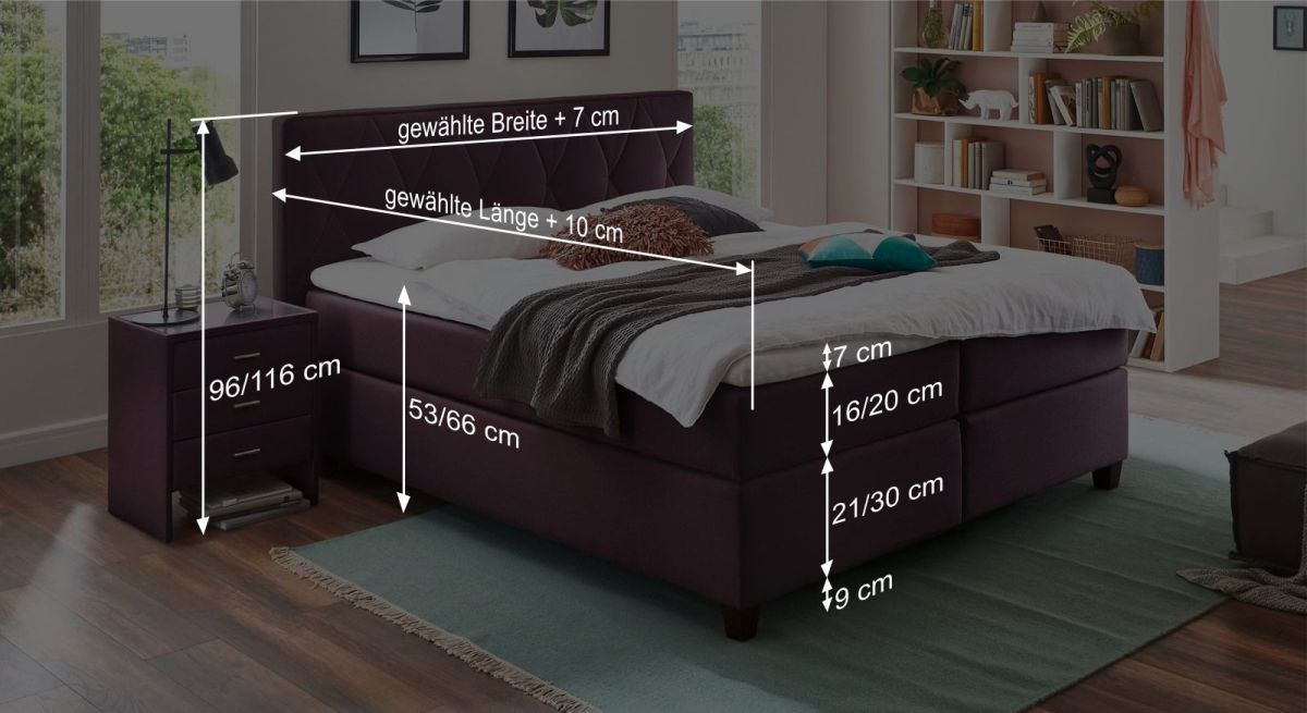 Dieser Grafik können Sie alle wichtigen Maßangaben des Bettmodells entnehmen.