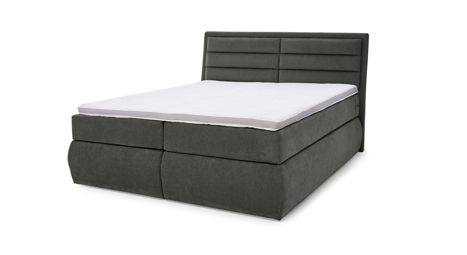Das MUSTERRING Bettkasten-Boxspringbett "Felina-Case" Quersteppung – hier mit grobem Microfaserbezug in Anthrazit.