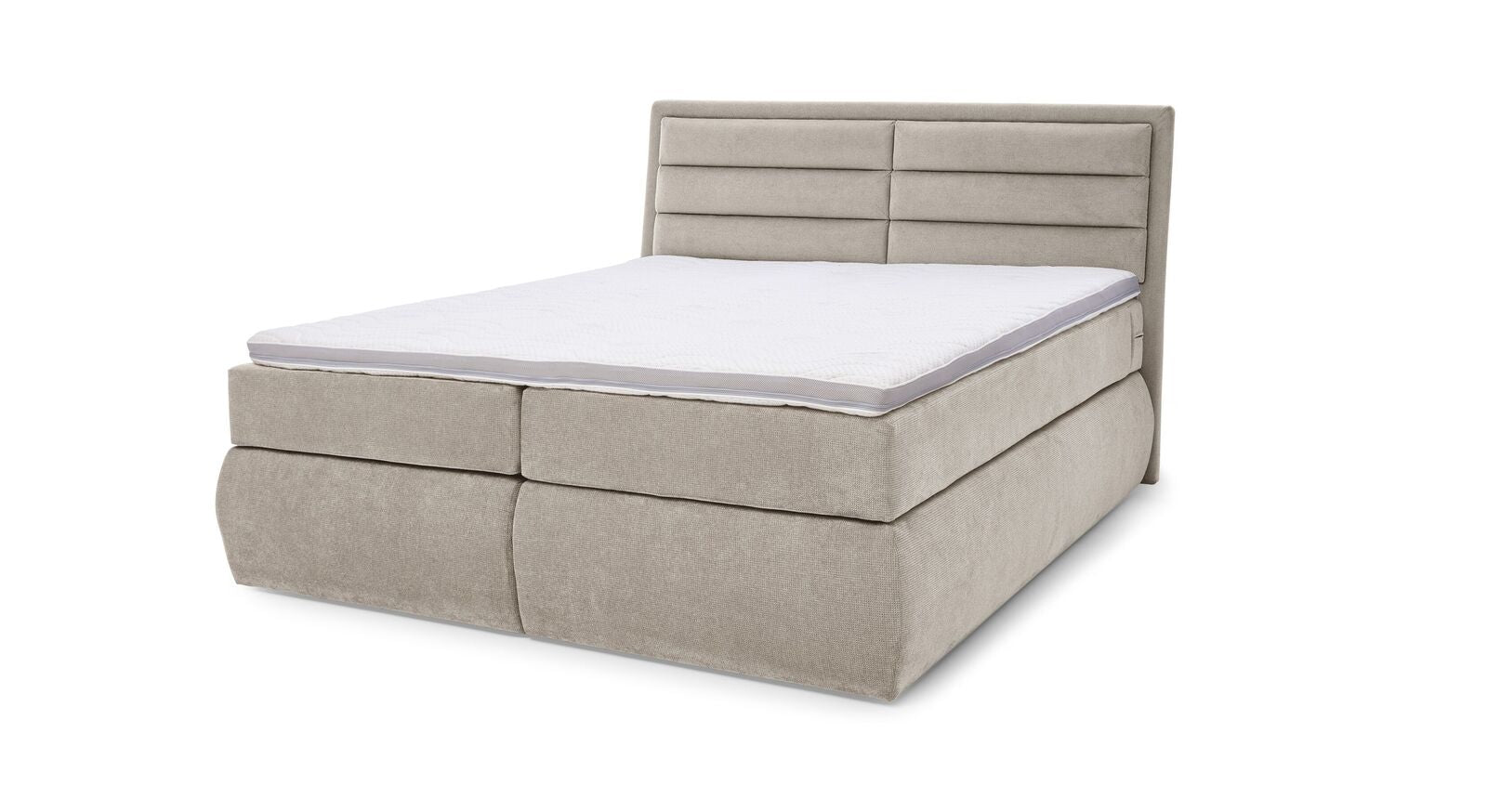 Das MUSTERRING Bettkasten-Boxspringbett "Felina-Case" Quersteppung – hier mit grobem Microfaserbezug in Beige.