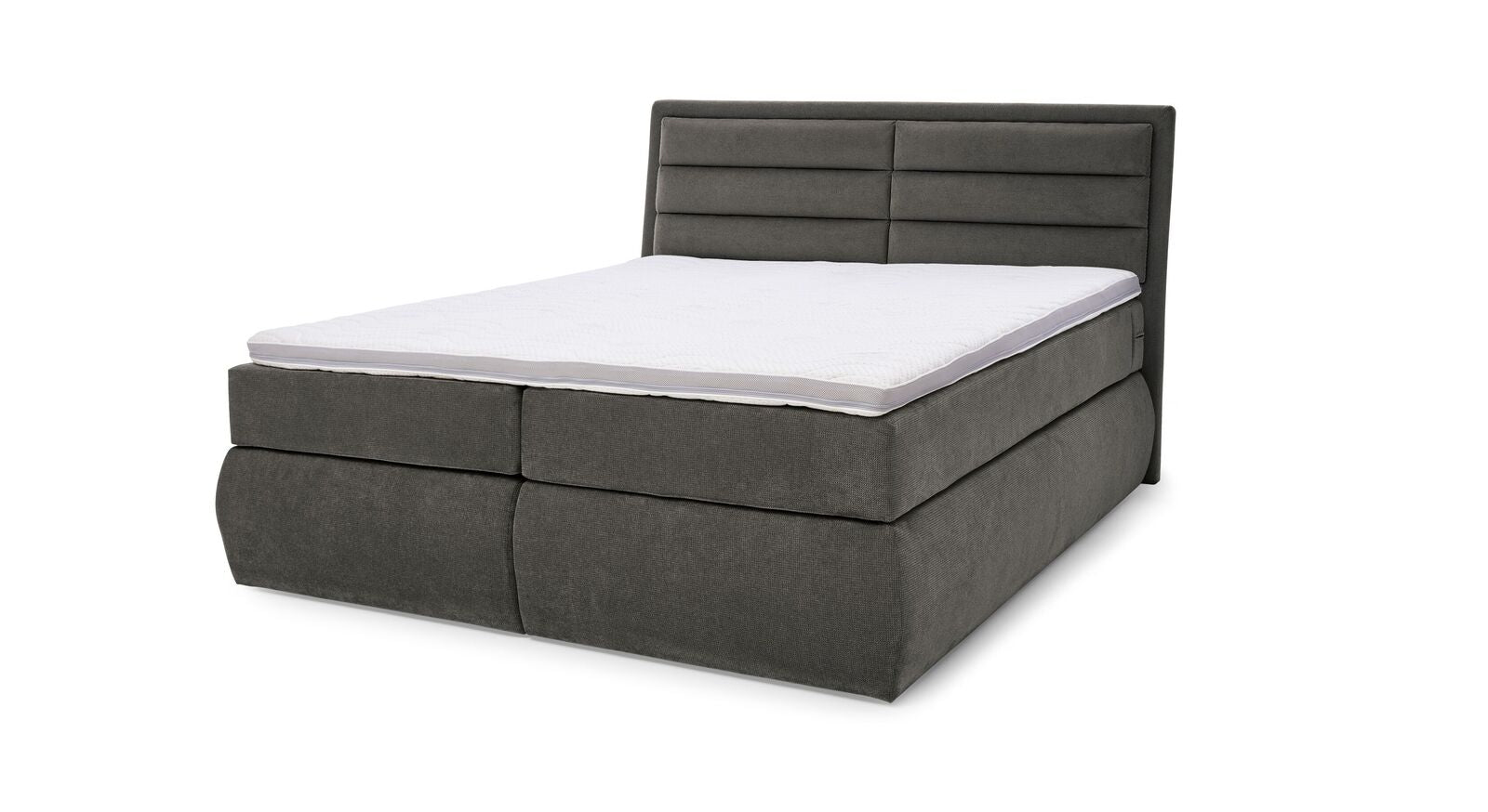 Das MUSTERRING Bettkasten-Boxspringbett "Felina-Case" Quersteppung – hier mit grobem Microfaserbezug in Dunkelgrau.