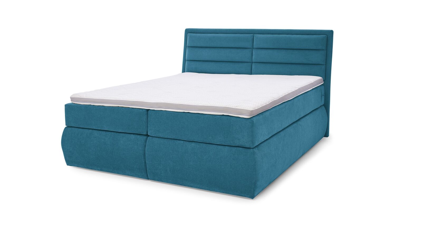Das MUSTERRING Bettkasten-Boxspringbett "Felina-Case" Quersteppung – hier mit grobem Microfaserbezug in Hellblau.