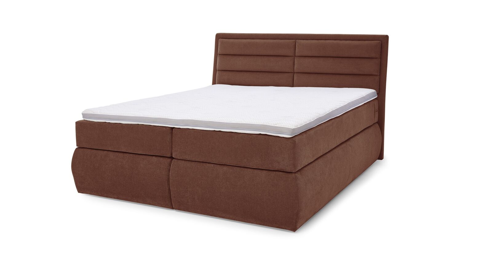 Das MUSTERRING Bettkasten-Boxspringbett "Felina-Case" Quersteppung – hier mit grobem Microfaserbezug in Hellbraun.
