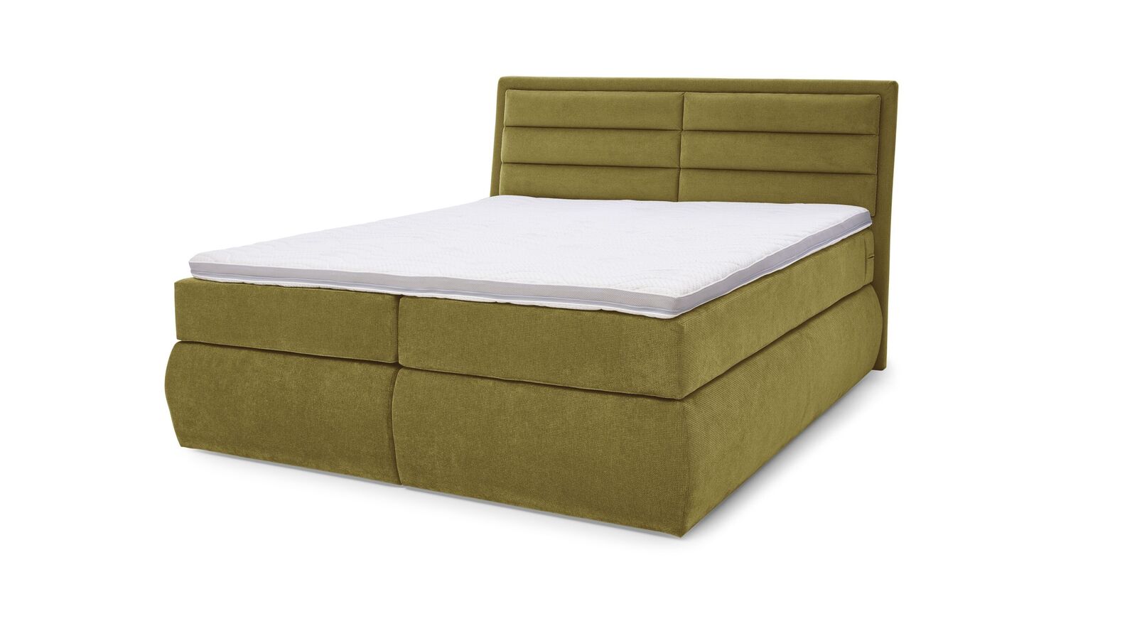 Das MUSTERRING Bettkasten-Boxspringbett "Felina-Case" Quersteppung – hier mit grobem Microfaserbezug in Moos.