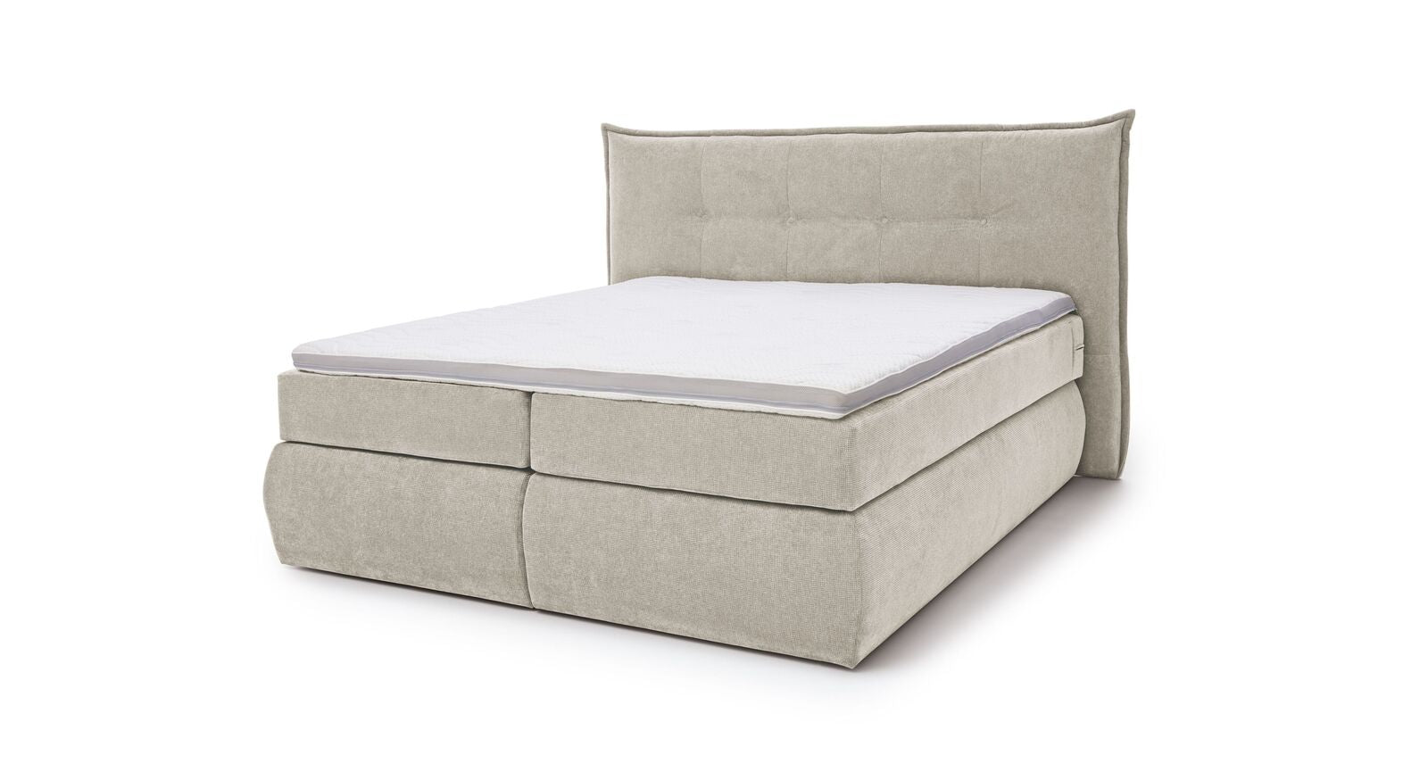 Das MUSTERRING Bettkasten-Boxspringbett "Felina-Case" Fledermaus – hier mit grobem Microfaserbezug in Beige.