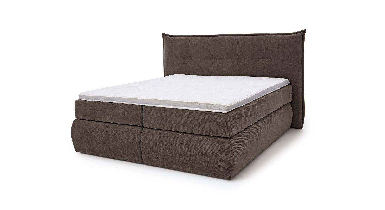 Das MUSTERRING Bettkasten-Boxspringbett "Felina-Case" Fledermaus – hier mit grobem Microfaserbezug in Dunkelbraun.