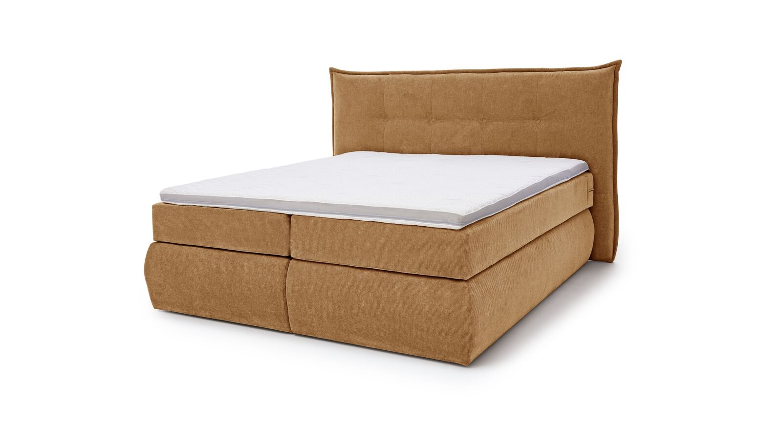 Das MUSTERRING Bettkasten-Boxspringbett "Felina-Case" Fledermaus – hier mit grobem Microfaserbezug in Gold.