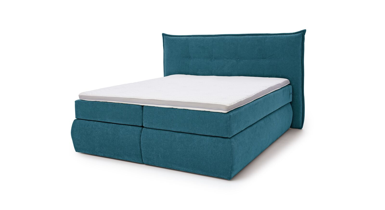 Das MUSTERRING Bettkasten-Boxspringbett "Felina-Case" Fledermaus – hier mit grobem Microfaserbezug in Hellblau.