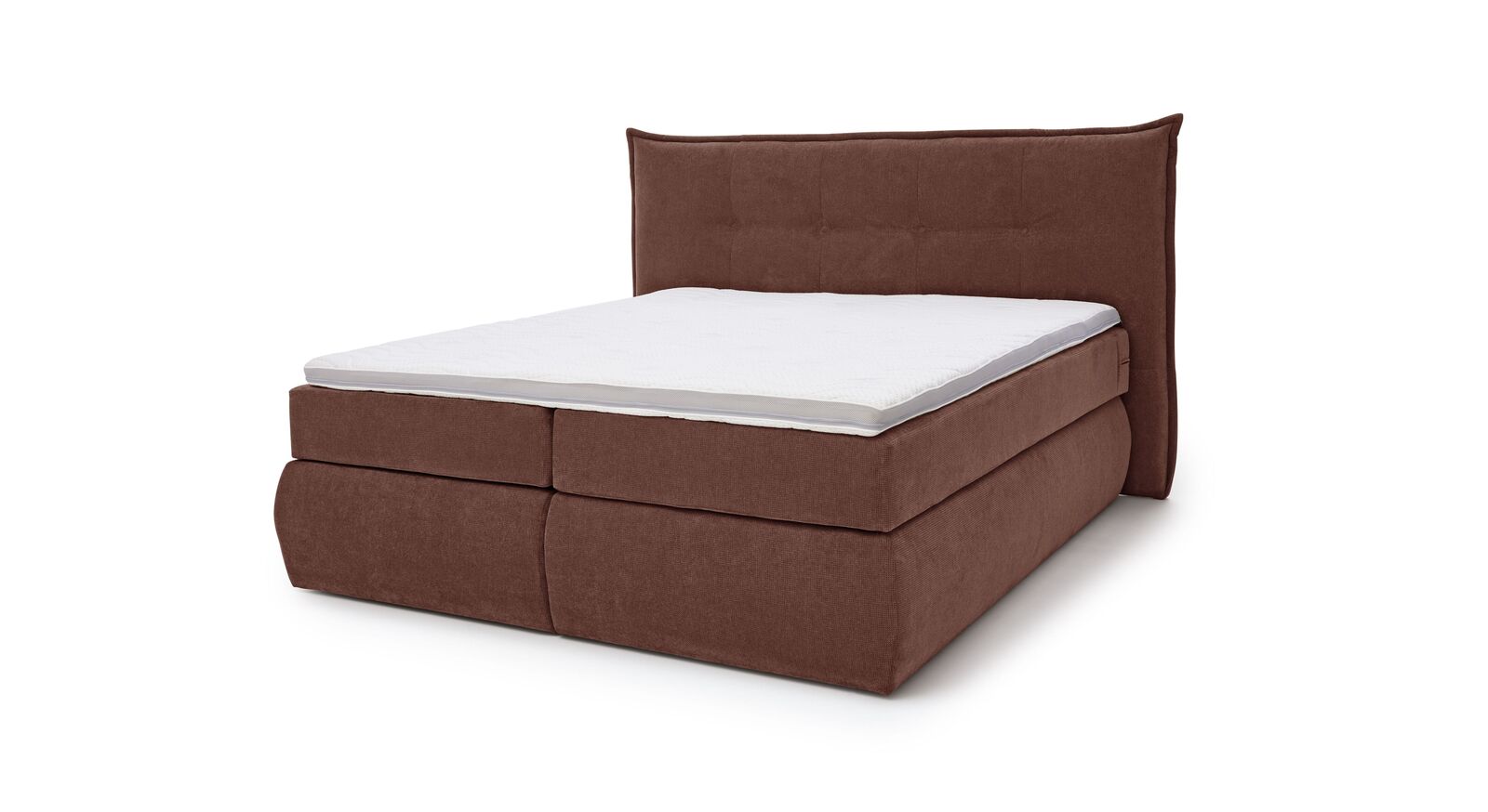 Das MUSTERRING Bettkasten-Boxspringbett "Felina-Case" Fledermaus – hier mit grobem Microfaserbezug in Hellbraun.
