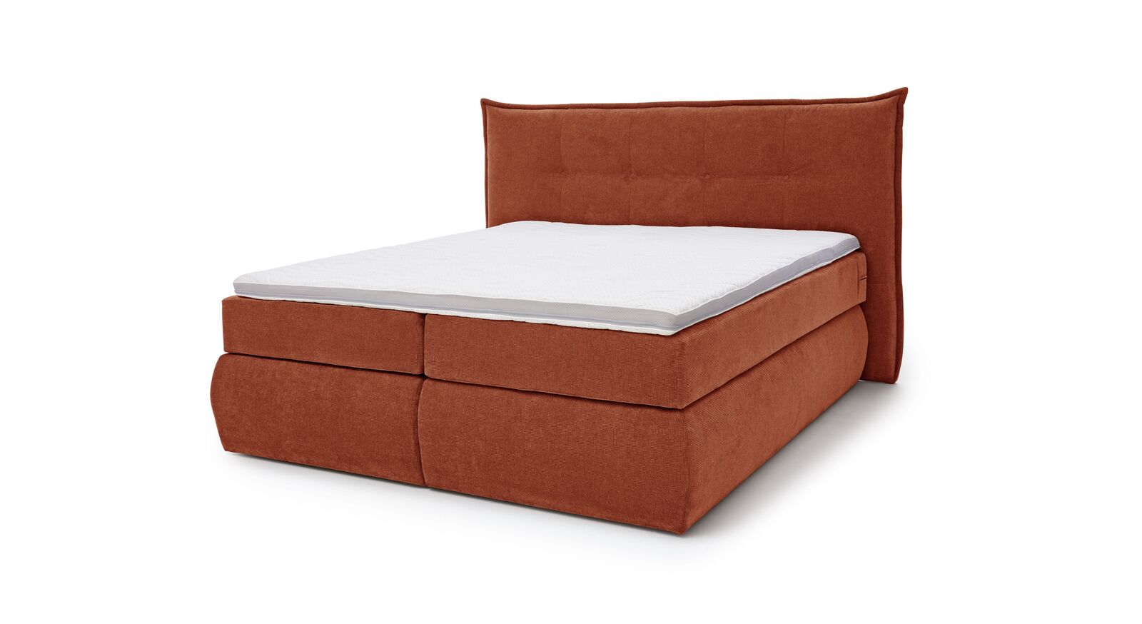 Das MUSTERRING Bettkasten-Boxspringbett "Felina-Case" Fledermaus – hier mit grobem Microfaserbezug in Orange.