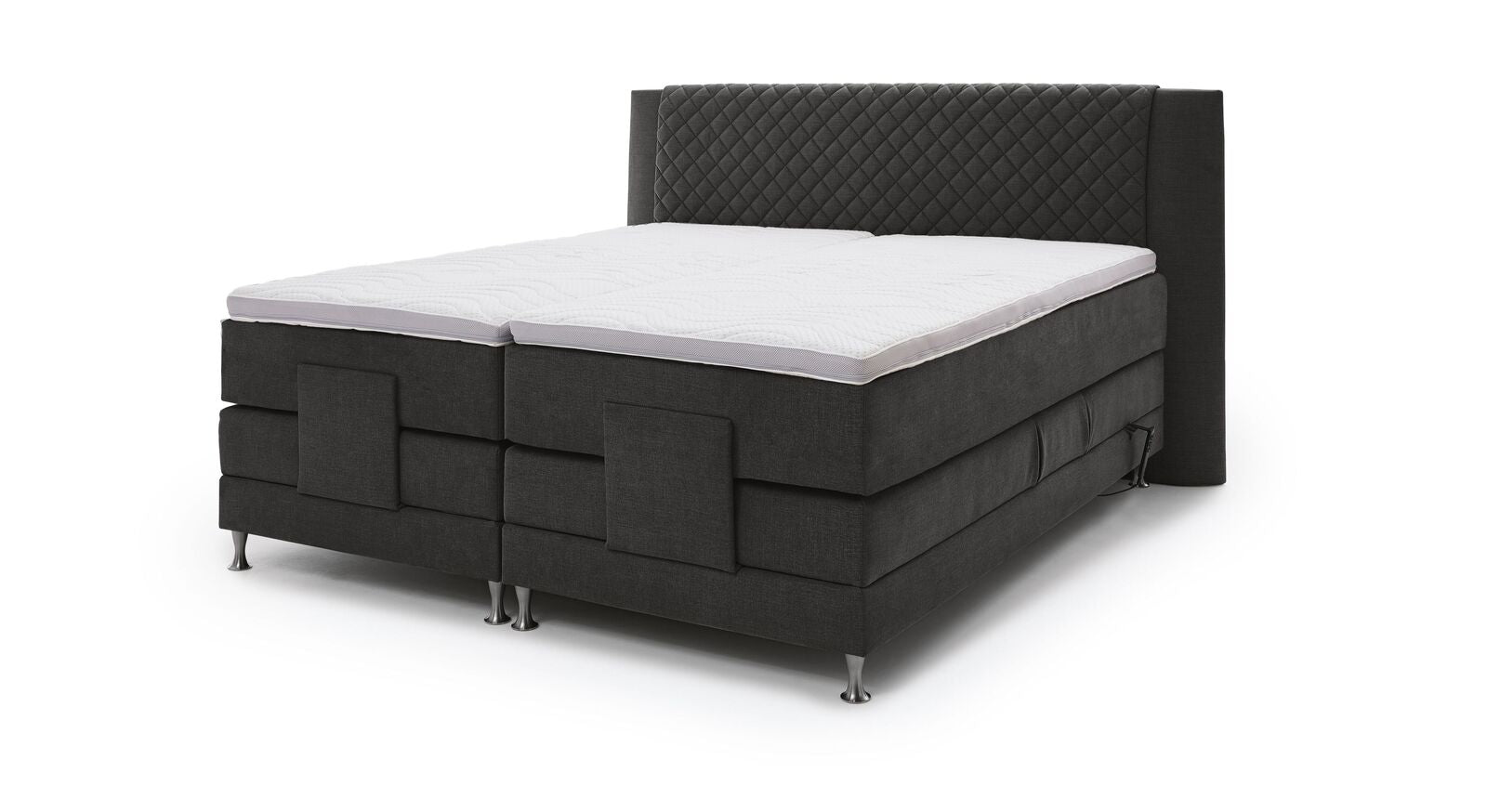 Das elektrisch verstellbare MUSTERRING Boxspringbett "Felina-Motor" Rautensteppung – hier mit wollähnlichem Webstoff in Anthrazit.