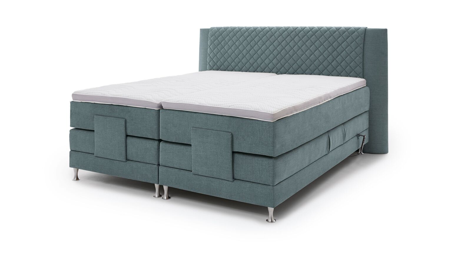 Das elektrisch verstellbare MUSTERRING Boxspringbett "Felina-Motor" Rautensteppung – hier mit wollähnlichem Webstoff in Blaugrau.