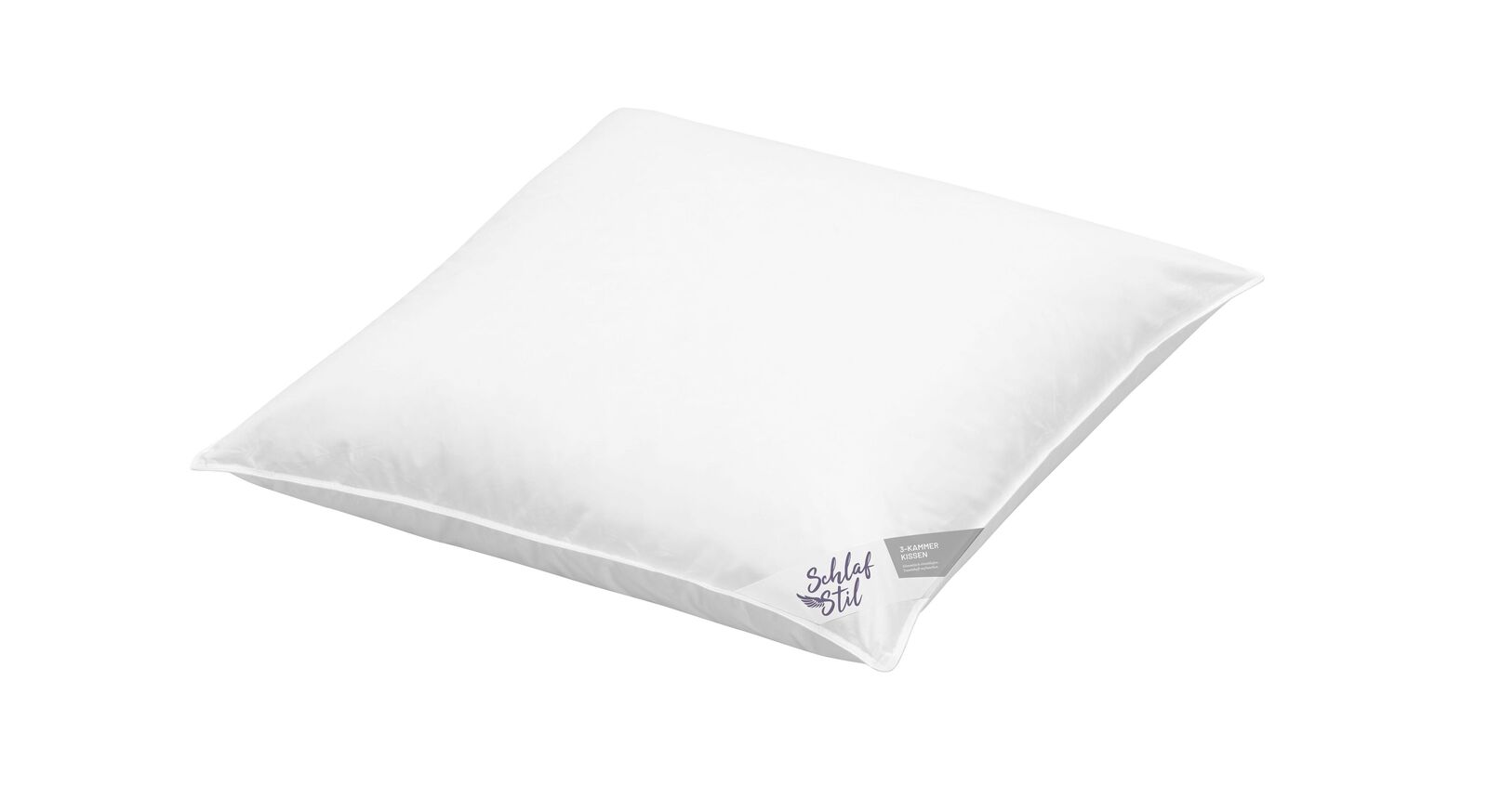 Das 3-Kammer-Kissen (hier in 80x80 cm) ist mit polnischen Gänsedaunen und -federn gefüllt und lässt sich bei 60 °C in der Maschine waschen.