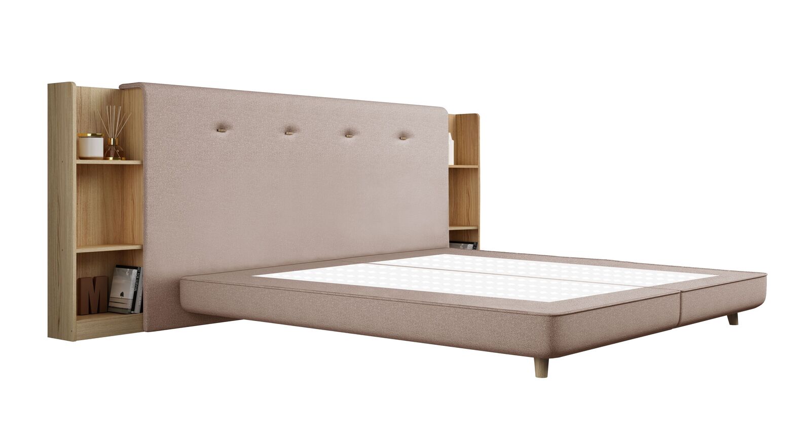 Das SCHLARAFFIA Bett "Buddy Holly" mit Boxspring-Unterfederung – hier in feinem, beigefarbenem FACE Webstoff.