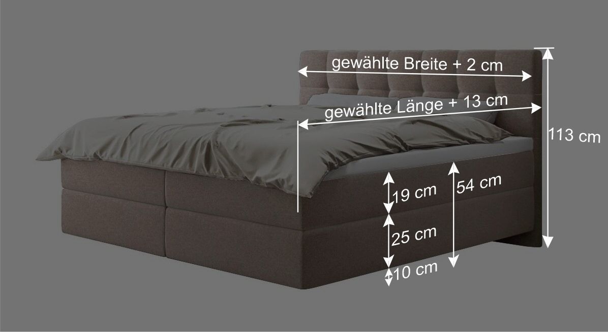 Dieser Grafik können Sie alle wichtigen Maßangaben des Bettmodells entnehmen.