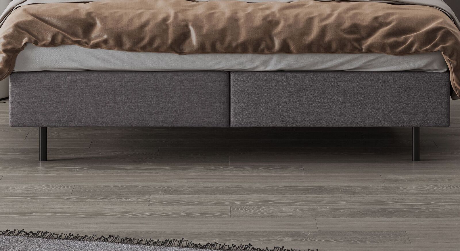 Die eleganten Bettbeine aus schwarzem Metall fügen sich perfekt in das Gesamtbild ein.