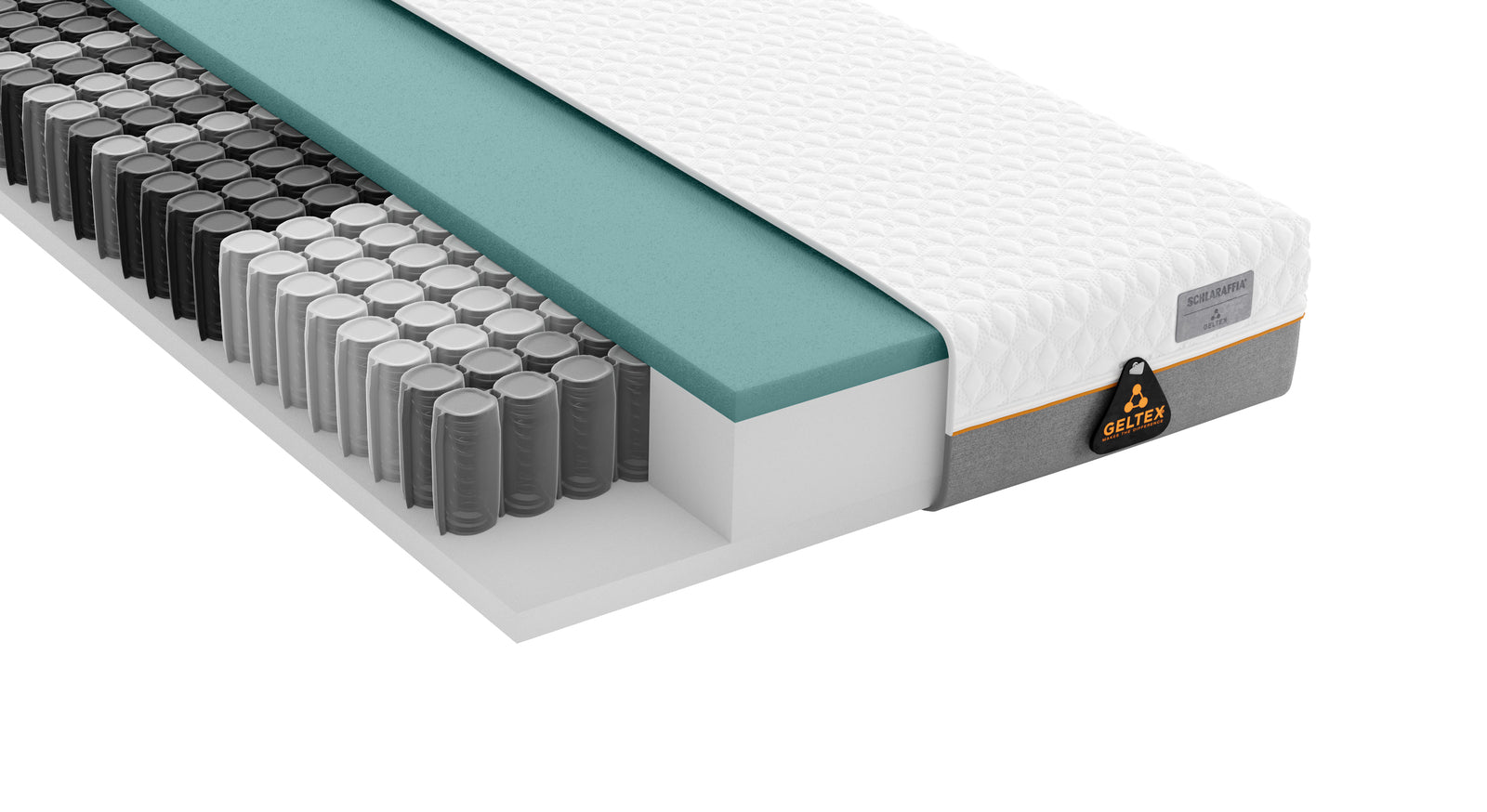 Im Inneren ist die anpassungsfähige SCHLARAFFIA Matratze mit einem 7-Zonen-Taschenfederkern ausgestattet.