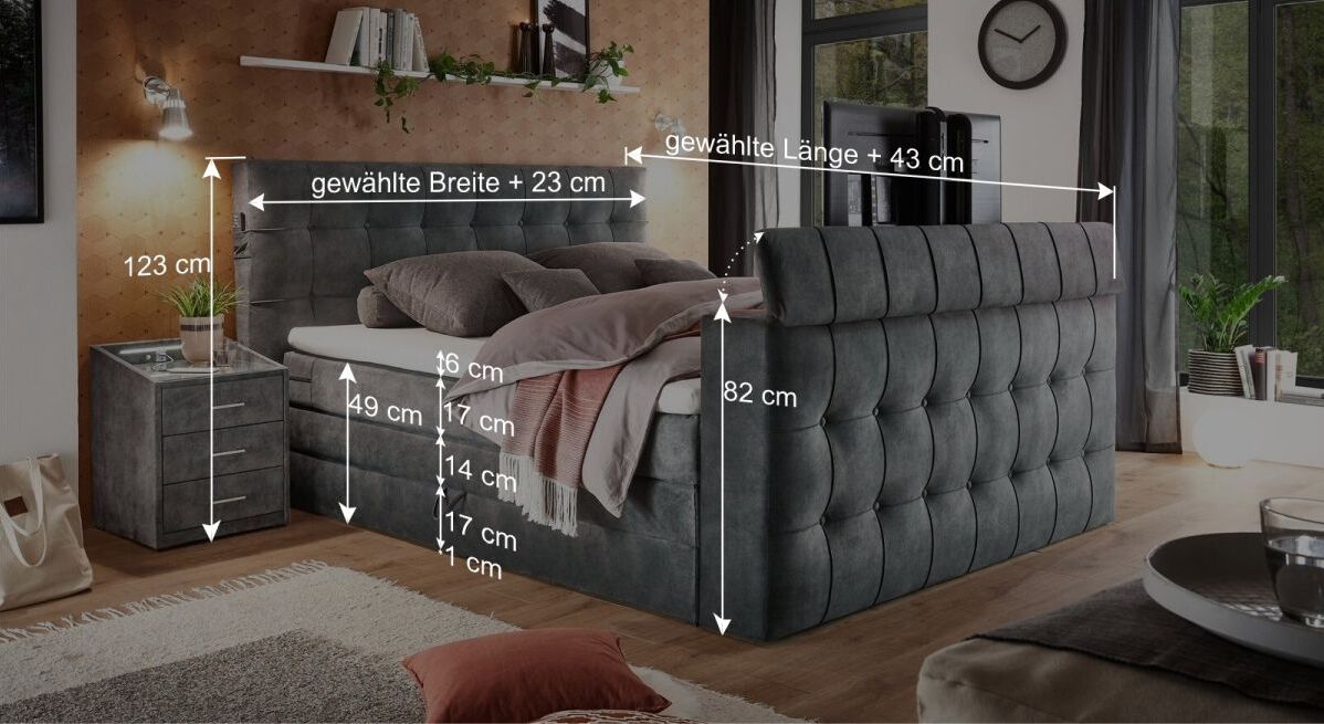 Dieser Grafik können Sie alle wichtigen Maßangaben des Bettmodells entnehmen.