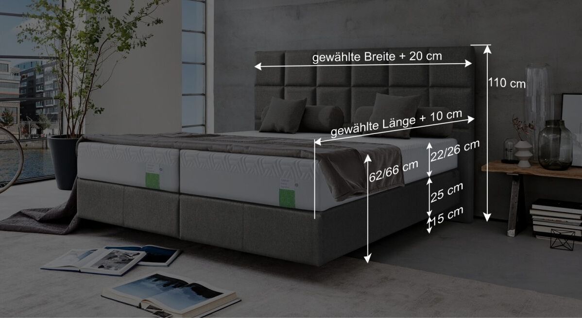 Dieser Grafik können Sie alle wichtigen Maßangaben des Bettmodells entnehmen.