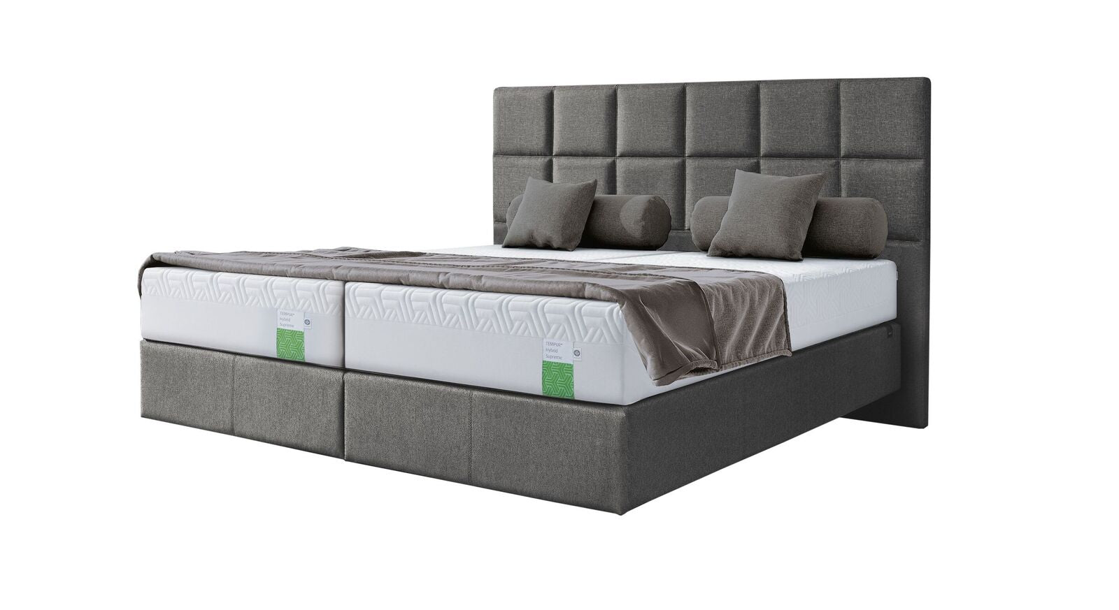 Das TEMPUR<sup>®</sup> Boxspringbett "Flat" Check Express in der Größe 180x200 cm mit grauem Webstoffbezug.