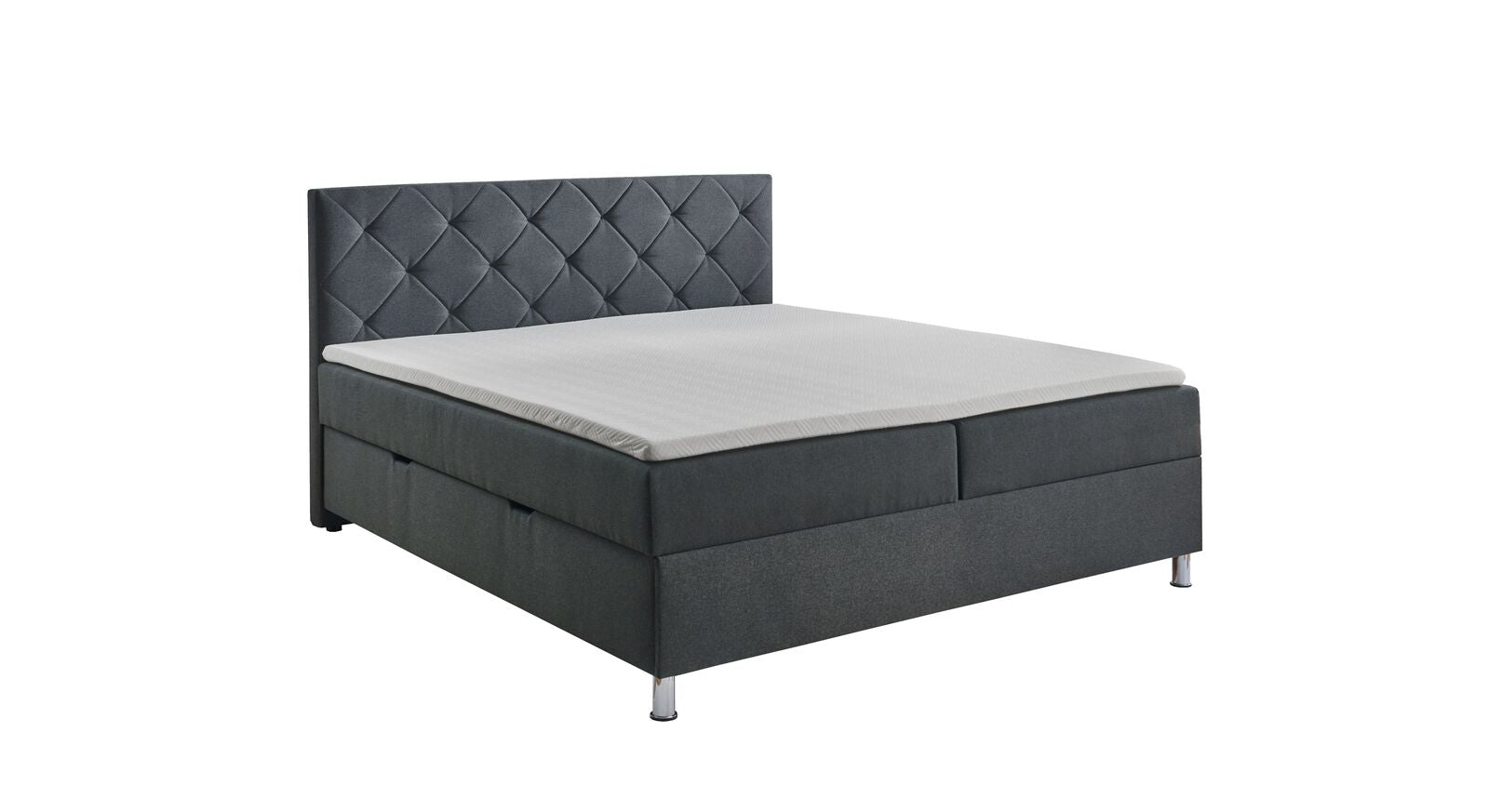 Das elegante Bettkasten-Boxspringbett "Arvin" (hier mit 180 cm Breite) ist mit einer mittelweichen Federkern-Matratze und einem Topper aus Kaltschaum ausgestattet.