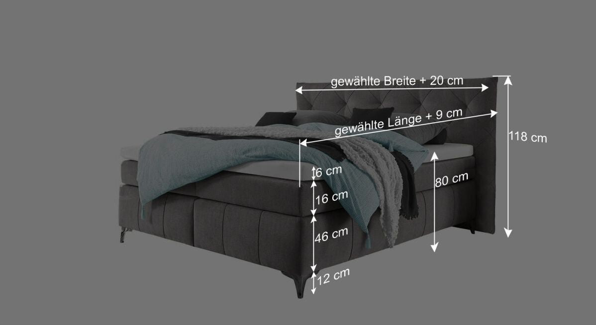 Dieser Grafik k&ouml;nnen Sie alle wichtigen Ma&szlig;angaben des Betts entnehmen.