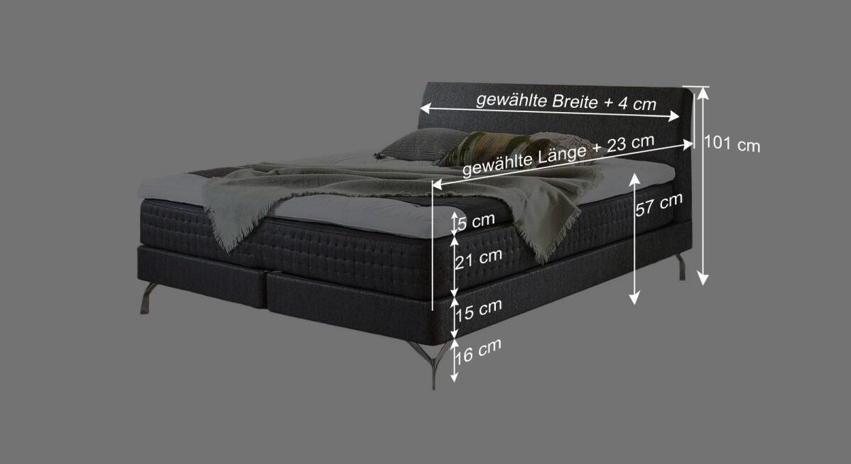 Dieser Grafik k&ouml;nnen Sie alle wichtigen Ma&szlig;angaben des Bettmodells entnehmen.