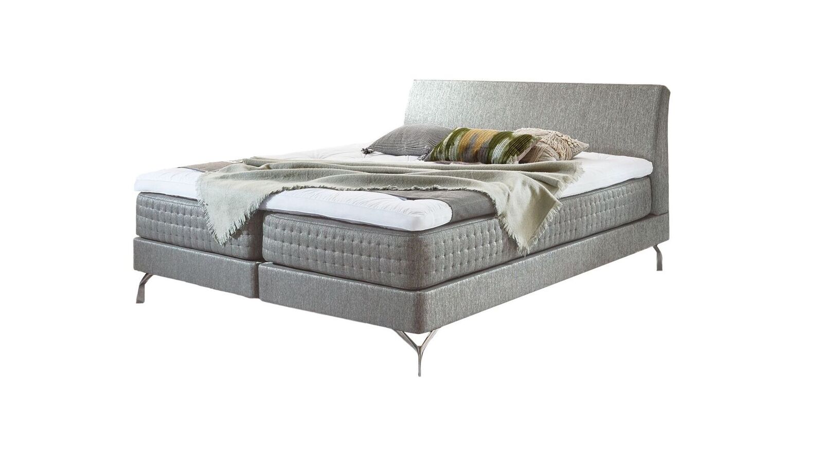 Das Boxspringbett "Barima" in extravagantem Design - hier in der Farbe Hellgrau.