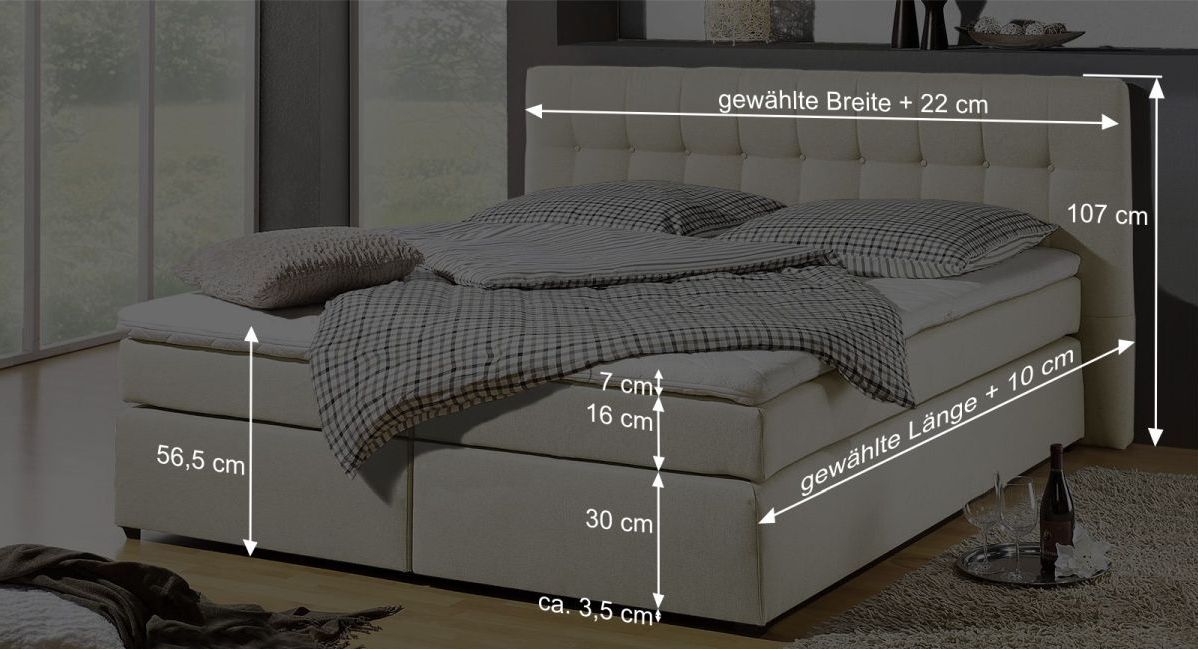 Dieser Grafik k&ouml;nnen Sie alle wichtigen Ma&szlig;angaben des Bettmodells entnehmen.