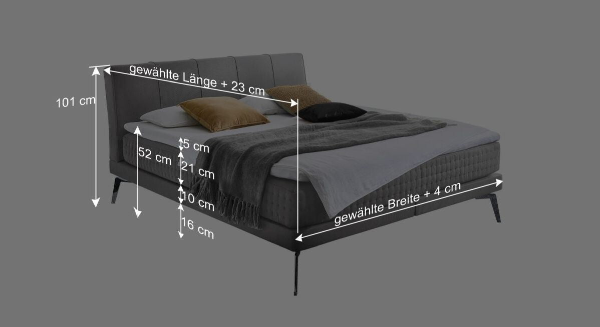 Dieser Grafik k&ouml;nnen Sie alle wichtigen Ma&szlig;angaben des Bettmodells entnehmen.