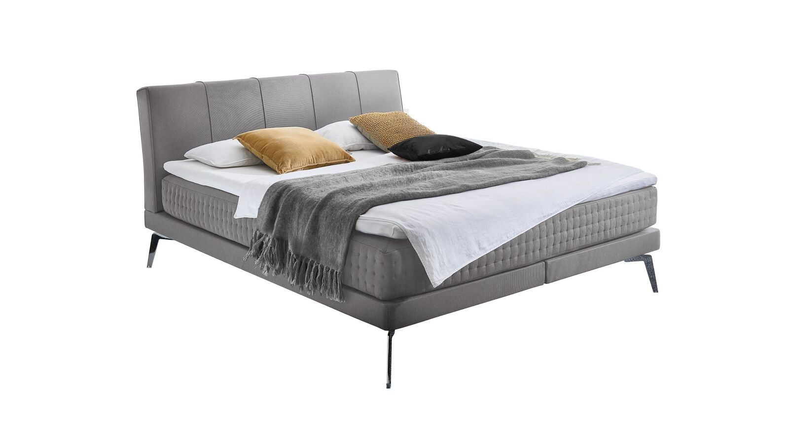 Das Boxspringbett "Elipsa" &ndash; hier mit Stoffbezug in Hellgrau.