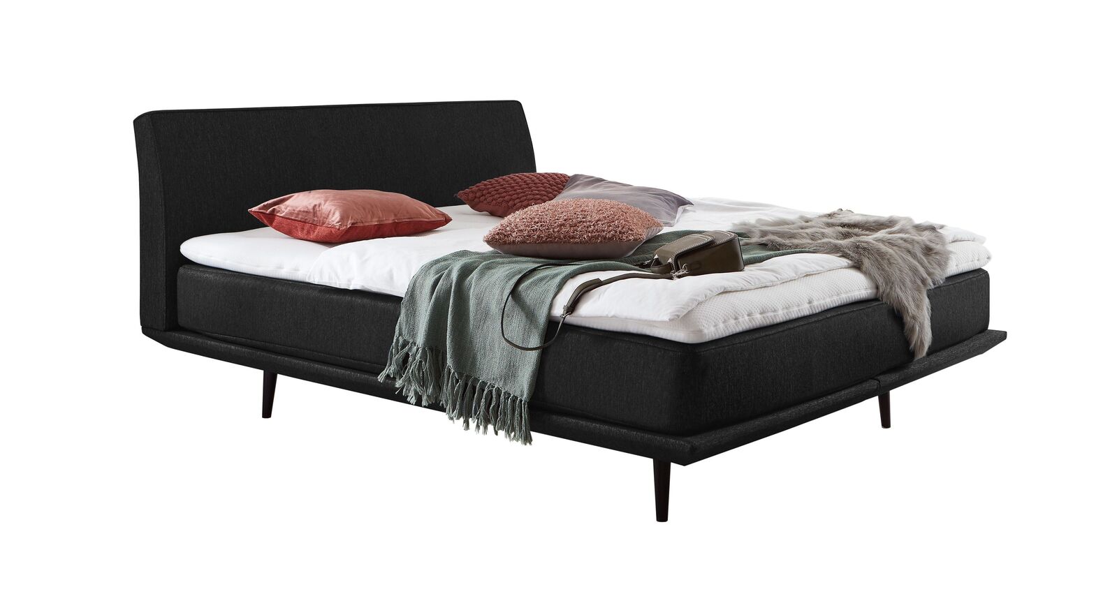 Das moderne Boxspringbett "Erendor" &ndash; hier mit einem Webstoffbezug in Schwarz.