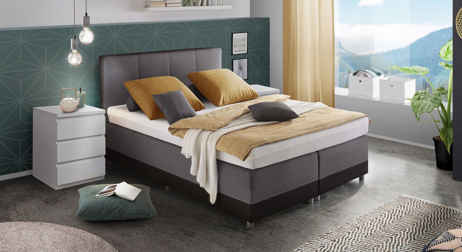 Modernes Boxspringbett "Evan" mit schwarzem Kunstleder und weichem Webstoffbezug in elegantem Anthrazit.