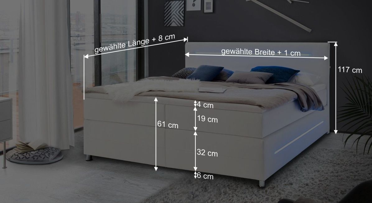 Dieser Grafik k&ouml;nnen Sie alle wichtigen Ma&szlig;angaben des Bettmodells entnehmen.