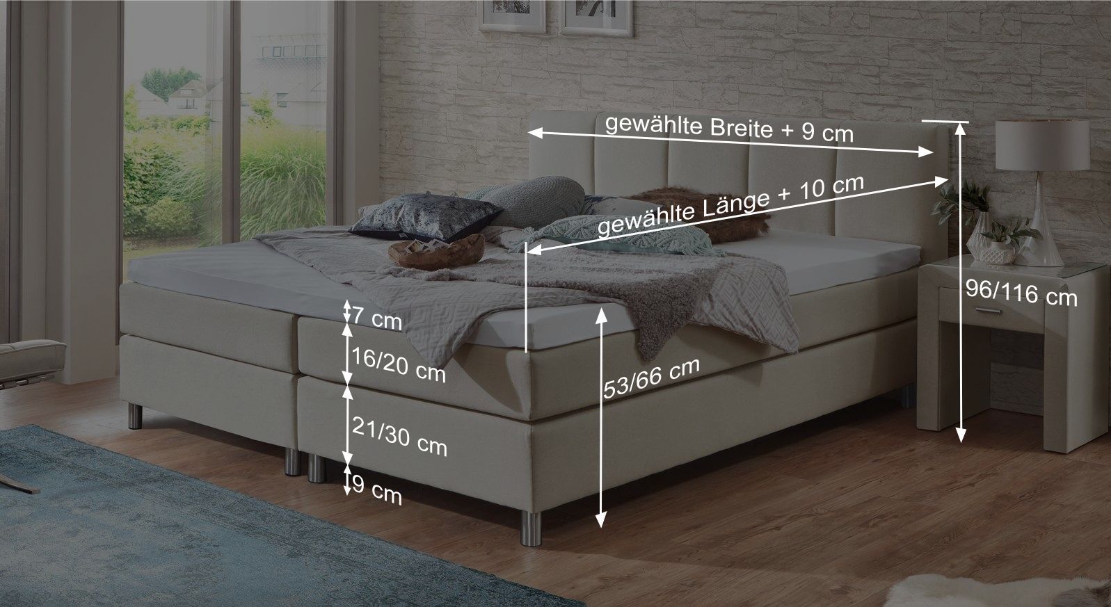 Dieser Grafik k&ouml;nnen Sie alle wichtigen Ma&szlig;angaben des Bettmodells entnehmen.