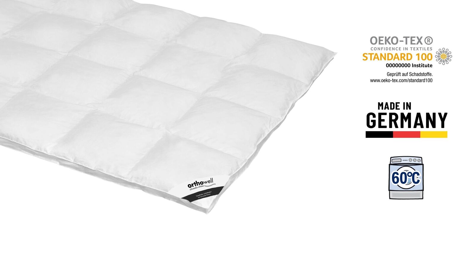 Die waschbare Daunen-Bettdecke "orthowell Premium" ist nach dem &Ouml;ko-Tex Standard 100 auf Schadstoffe gepr&uuml;ft.
