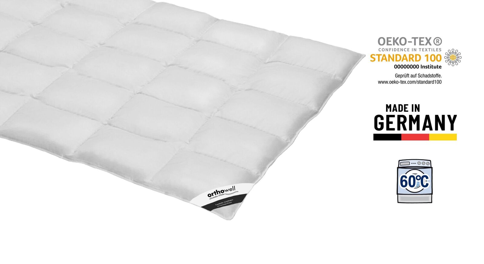 Die waschbare Daunen-Bettdecke "orthowell Premium" ist nach dem &Ouml;ko-Tex Standard 100 auf Schadstoffe gepr&uuml;ft.