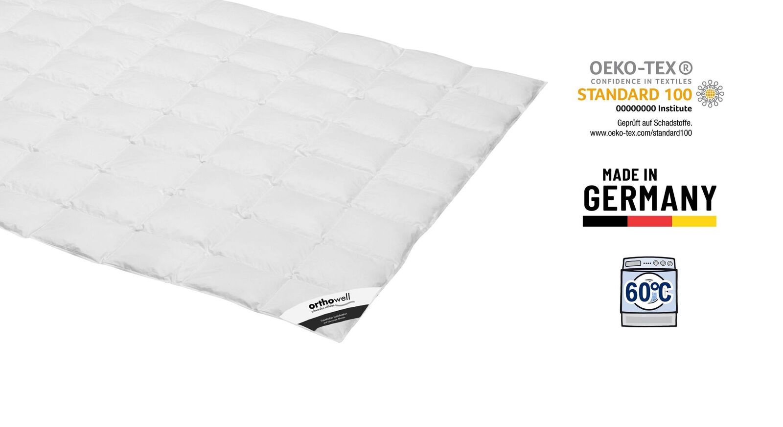 Die waschbare Daunen-Bettdecke "orthowell Premium" ist nach dem &Ouml;ko-Tex Standard 100 auf Schadstoffe gepr&uuml;ft.