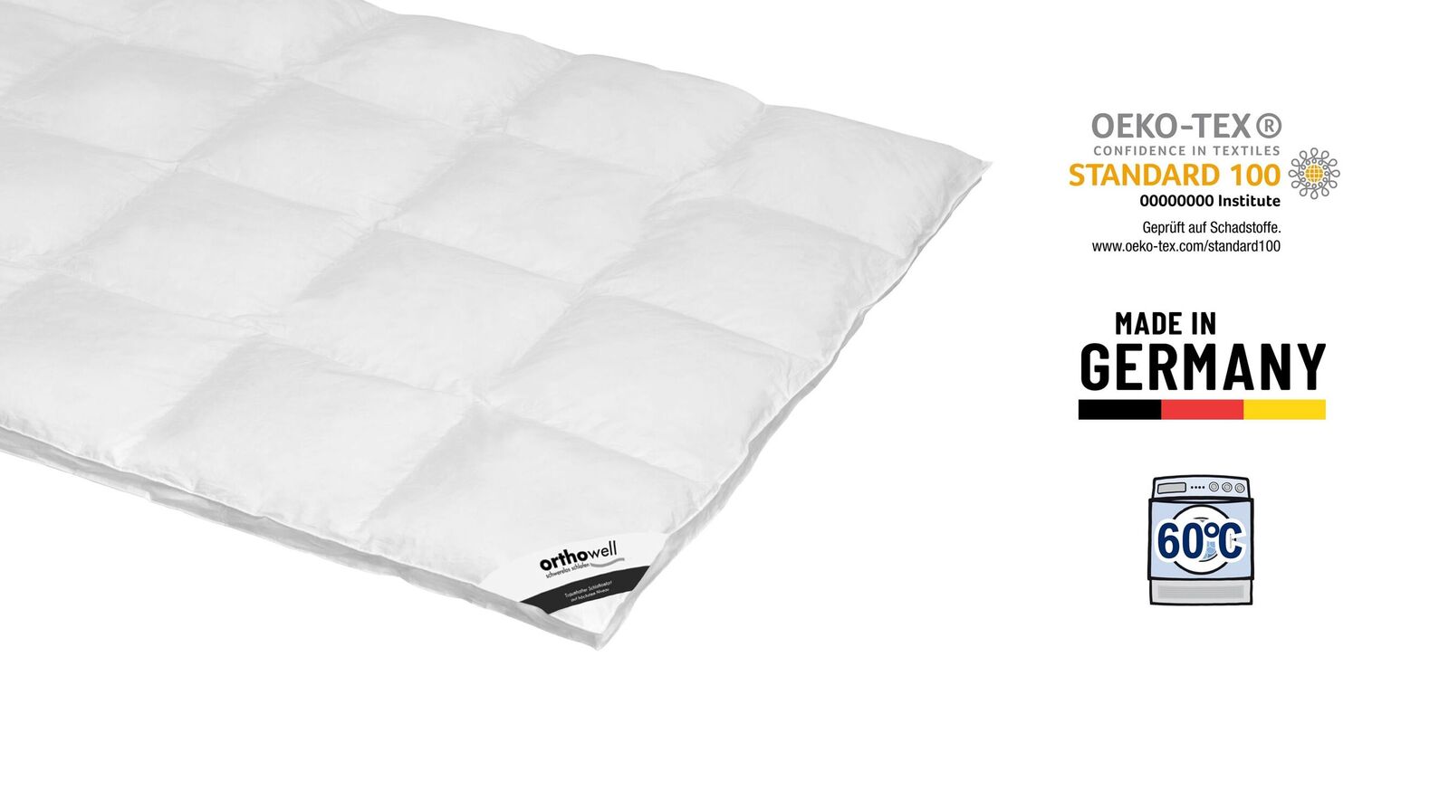 Die waschbare Daunen-Bettdecke "orthowell Standard" ist nach dem &Ouml;ko-Tex Standard 100 auf Schadstoffe gepr&uuml;ft.