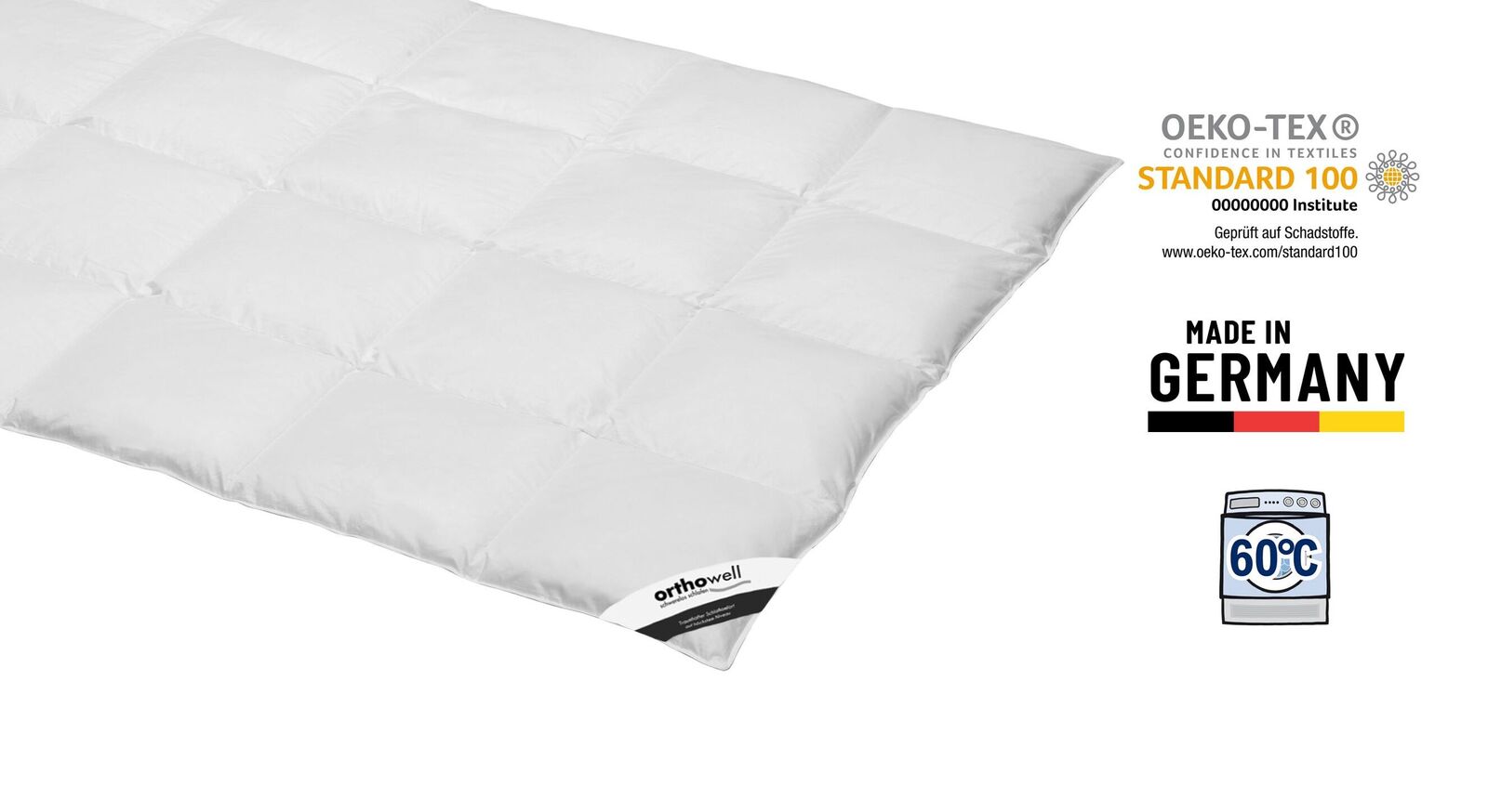 Die waschbare Daunen-Bettdecke "orthowell Premium" ist nach dem &Ouml;ko-Tex Standard 100 auf Schadstoffe gepr&uuml;ft.
