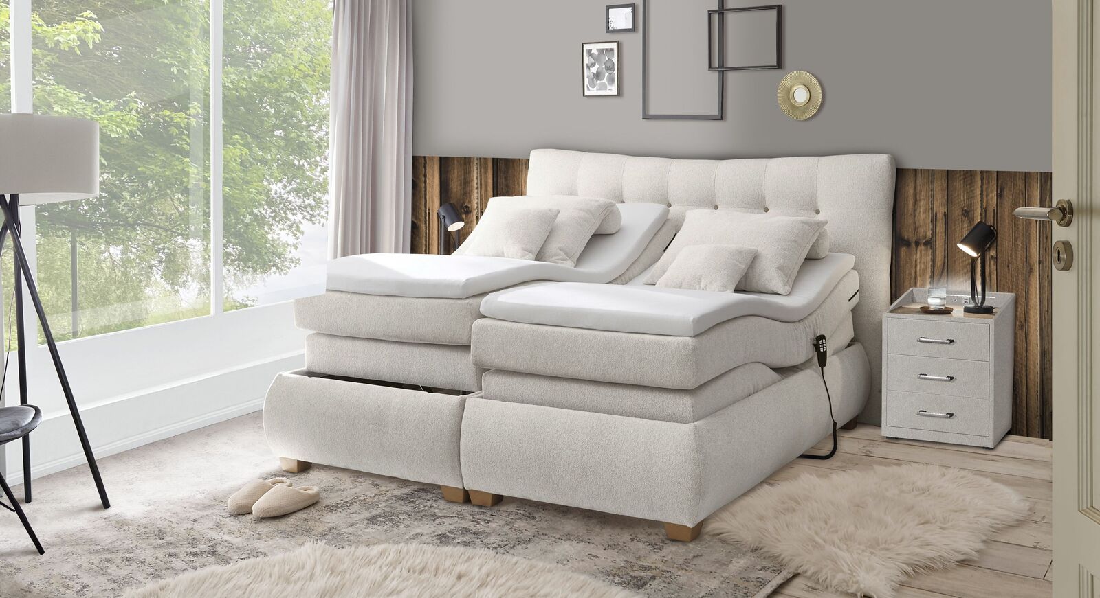 Genie&szlig;en Sie Ihre Fernseh- und Lesen&auml;chte zuk&uuml;nftig einfach in Ihrem neuen Elektro-Boxspringbett "Randy".
