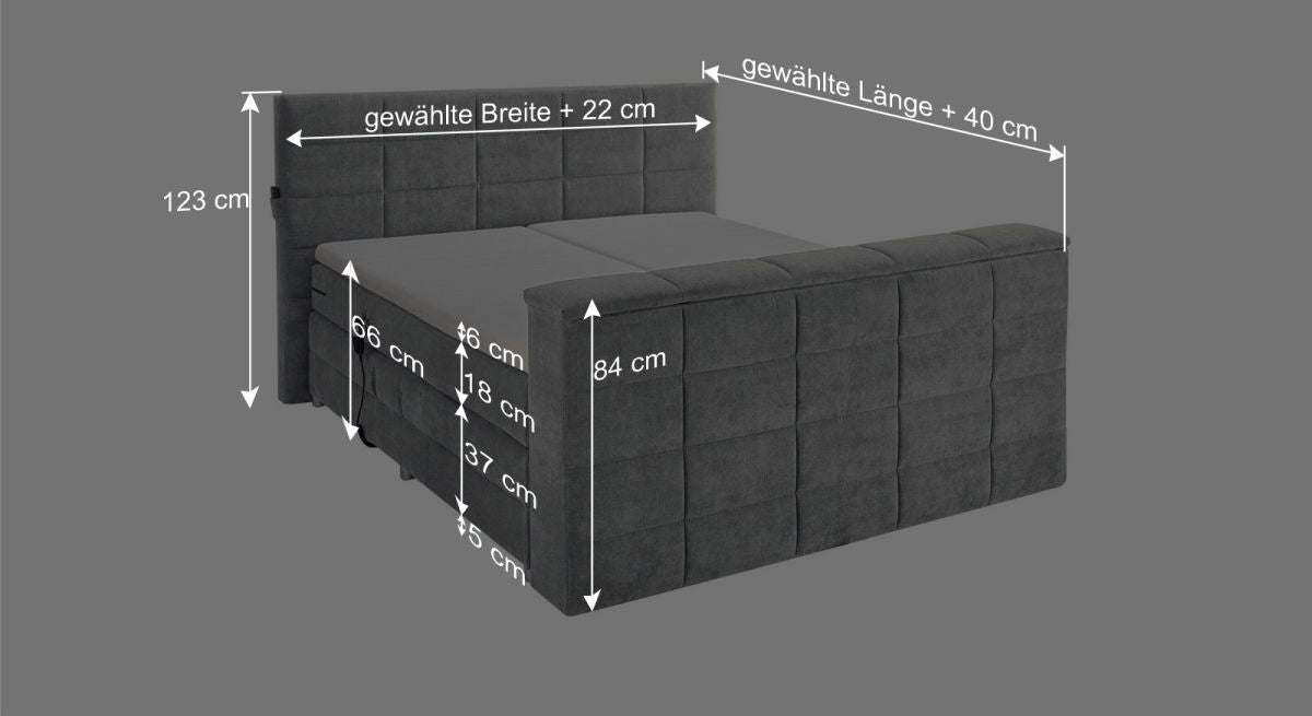 Dieser Grafik k&ouml;nnen Sie alle wichtigen Ma&szlig;angaben des Bettmodells entnehmen.