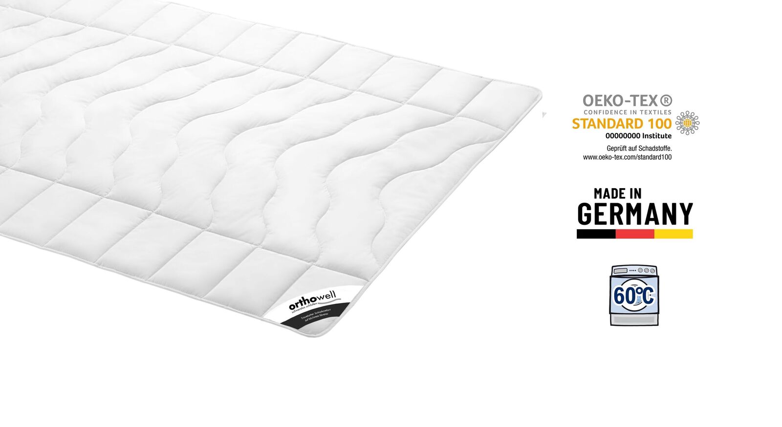 Qualit&auml;t aus Deutschland: Die waschbare Faser-Bettdecke "orthowell Standard" ist nach dem &Ouml;ko-Tex Standard 100 auf Schadstoffe gepr&uuml;ft.