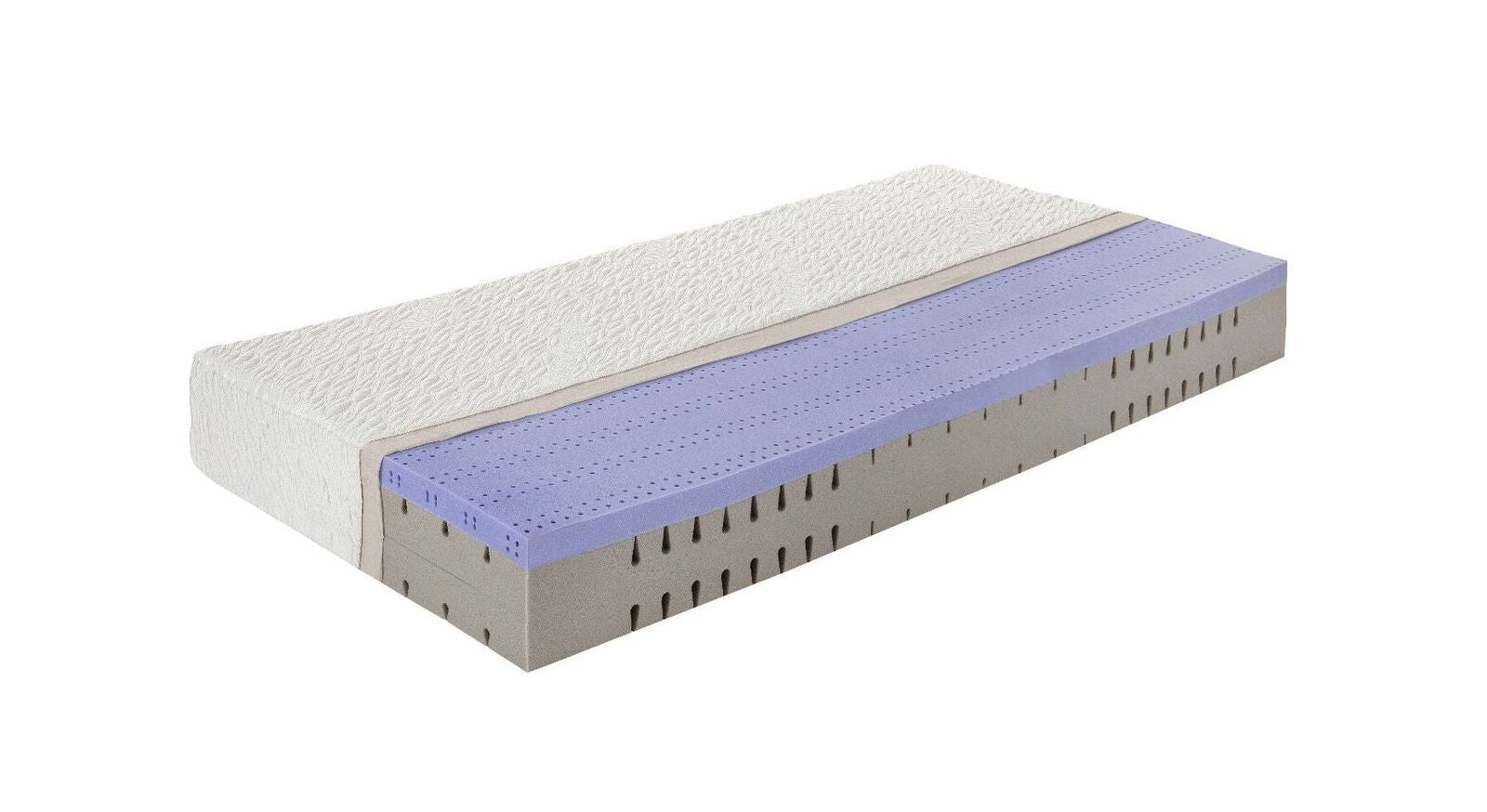 Im Inneren verbirgt sich ein 16 cm hoher 7-Zonen-Kaltschaum mit Tropfenschnitt und eine 5 cm hohe, druckentlastende Gelschaum-Schicht.