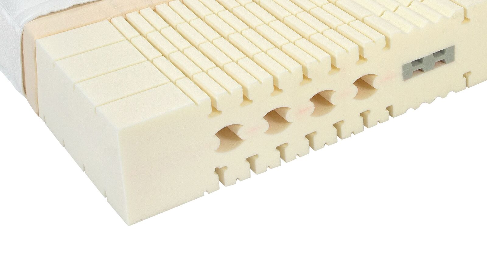 F&uuml;r die herausragende Anpassung an Ihren K&ouml;rper sind die ergonomische 7-Zonen-W&uuml;rfelstruktur, die Schulterkan&auml;le und die Lordoseneinlage verantwortlich.