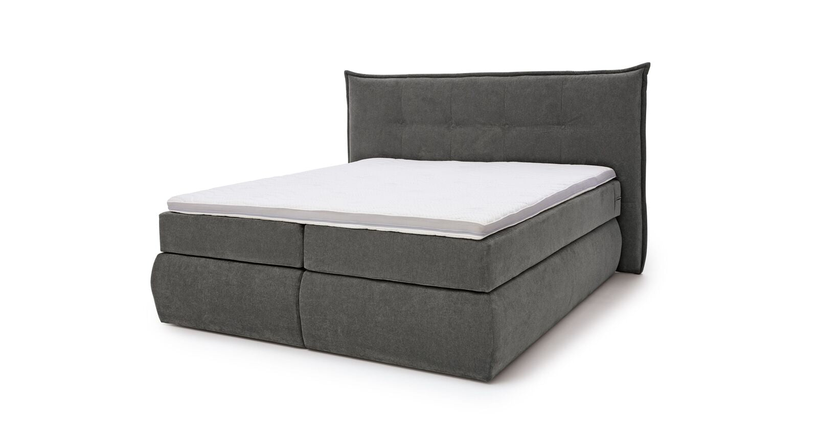 Das MUSTERRING Bettkasten-Boxspringbett "Felina-Case" Fledermaus &ndash; hier mit grobem Microfaserbezug in Dunkelgrau.