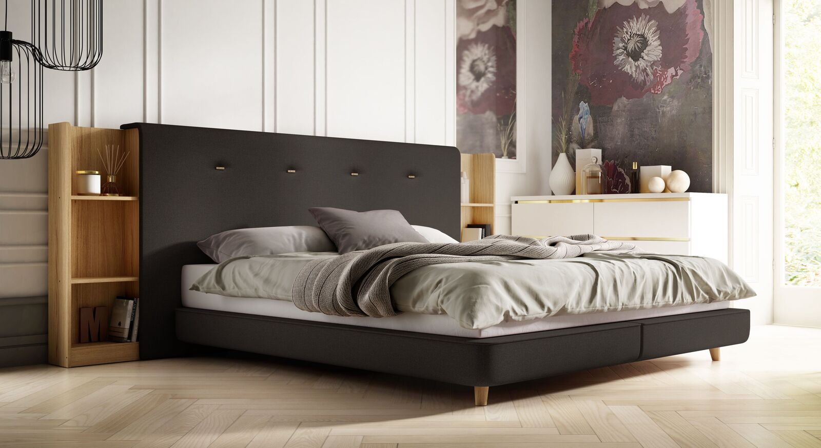 Das hochwertige SCHLARAFFIA Bett "Buddy Holly" mit Boxspring-Unterfederung und seitlichen Regalen (Matratze separat erh&auml;ltlich).